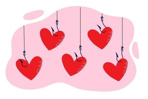 Red hearts hanging on hooks of fishing rods as metaphor for traps for people seeking romantic relationships and love connections. concept of finding soul mate for romantic relationships and marriage vector