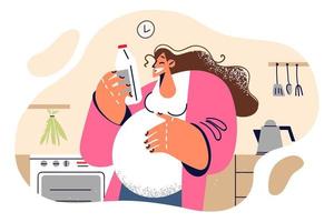 Pregnant woman is preparing for breakfast to read composition milk, wanting to take only healthy food containing vitamins for child. Pregnant woman is standing in kitchen choosing milk for lunch meal vector