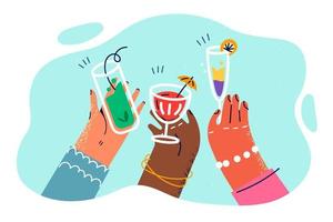 Hands of people with glasses of alcoholic fruit cocktails during party in club or on beach. Hands with different skin colors with glasses filled with cocktails and drinks for Friday party vector