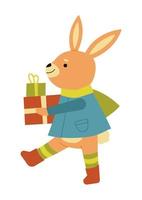 Cute rabbit with a gift. A cheerful animal. Vector illustration