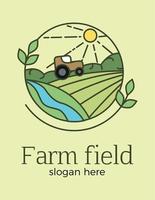 Tractor illustration on farm fields. The sun is shining, the river is flowing. Vector image.