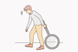 Unhappy tired man with huge magnifying glass distressed with searching. Upset guy feel exhausted walk with magnifier. Vector illustration.