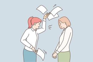 Furious businesswoman throw papers yell at stressed employee in office. Aggressive female boss scold and scream at terrified colleague. Work harassment. Vector illustration.