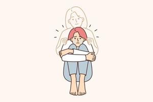 Depressed woman crying over death of mother or sister grieving over loss and loss of relative after long illness. Spirit of deceased hugs upset girl in need of psychological support related to death vector