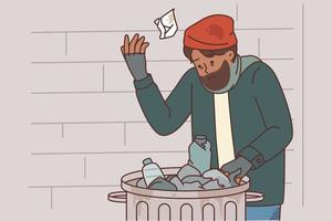 Homeless man digs through garbage to find food due to poverty and social inequality caused by unemployment. Beggar homeless guy near trash can for concept of urban problems and poverty after crisis vector