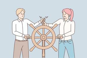 Colleagues hold ship steering wheel move in different directions. Stubborn coworkers follow opposite business goals. Teamwork problems. Vector illustrations.