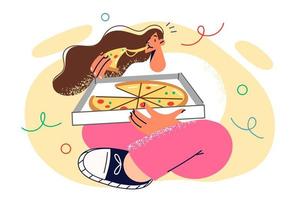 Hungry woman sitting on floor cross knees with pizza inside box delivered from italian food restaurant. Girl holds slice appetizing hot pizza with stretching cheese during lunch break eats fast food vector