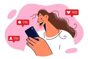 Woman blogger with phone feels joy when she sees feedback from subscribers and likes with comments under photos. Girl blogger with smartphone conducts online broadcast greeting new subscribers vector