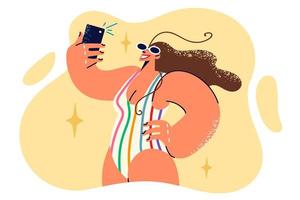 Woman in swimsuit taking selfie or video call on phone while relaxing in hot resort. Girl in swimsuit enjoys sunbathing on beach of tropical island and takes selfie to share photos on social networks vector