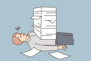 Stressed man lying under stack of paperwork suffer from job burnout. Overworked male employee overwhelmed with documents pile. Vector illustration.