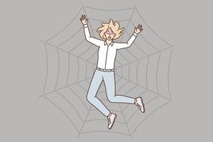 Stressed businesswoman trapped in spider web. Scared frustrated female employee in cobweb suffer from despair. Vector illustration.