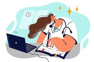Female doctor works in field of telemedicine consulting patients via Internet in laptop and giving recommendations for treatment. Doctor therapist in white coat provides online help to sick people vector