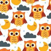 seamless pattern cartoon owl with moon and night cloud. cute animal wallpaper for textile, gift wrap paper vector