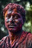 Indian man closeup portrait with colorful paint photo