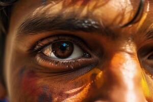 Indian man face close up with colorful paint photo