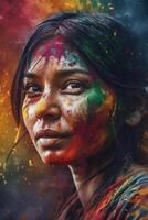 Indian woman close up portrait with colorful paint photo