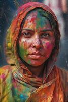 Indian woman close up portrait with colorful paint photo