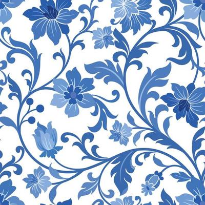 Blue monochrome flower ornament seamless pattern.