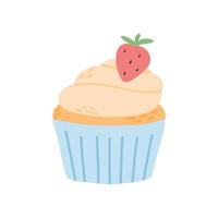 Muffin with cream and berries. Vector illustration . Cupcake isolated on white background. Doodle muffin for tea.