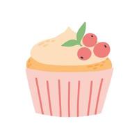 Muffin with cream and berries. Vector illustration . Cupcake isolated on white background. Doodle muffin for tea.