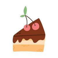 A piece of chocolate cake in a flat style. Vector illustration. Cake with cherry isolated on white background. Doodle style.