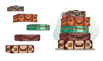 Classic retro travel suitcases lie on top of each other and individually. Cartoon style. vector