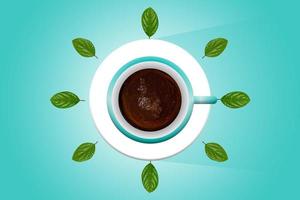 Turquoise cup of coffee, on a pastel turquoise background, decorated with green leaves photo
