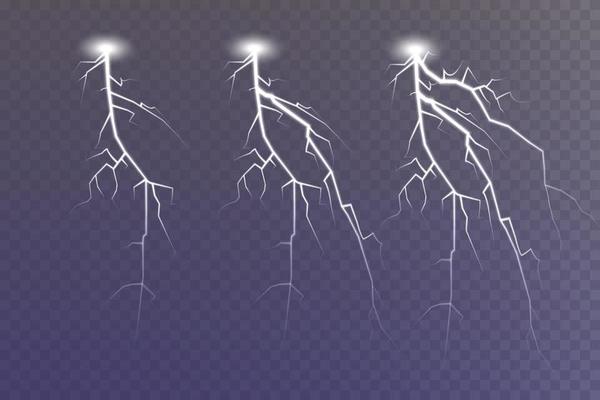 Set of lightning magical and bright light effect. Thunderstorm with lightning and clouds.