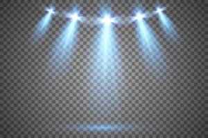 Light stage rays isolated. Vector blue scene spotlights glow. Shine vertical projector light beam effect template.
