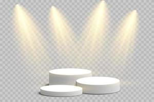 Podium stand isolated. White circle plinth, pillar or display stage. Vector empty prize pedestal with yellow projector light beams.