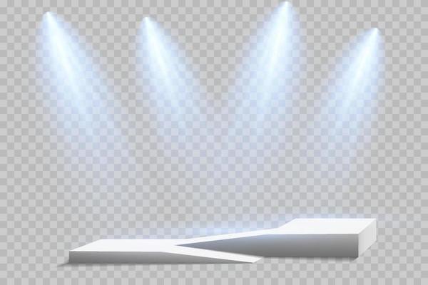 Pedestal or platform is illuminated by spotlights on transparent background. Scene with picturesque lights.