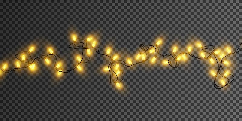 Christmas garland isolated. Glowing yellow light bulbs.