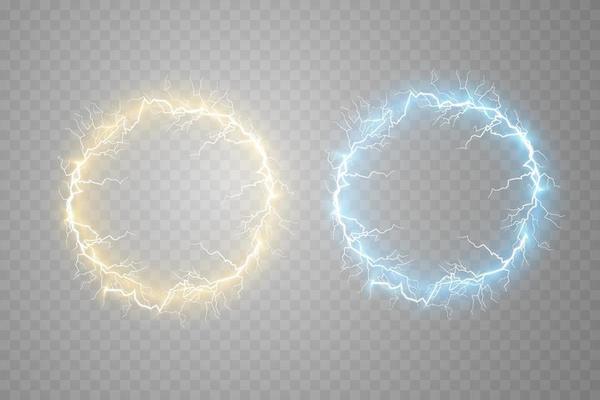 Golden and blue Ball lightning. Abstract electric lightning strike. Light flash, thunder, spark.