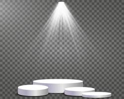 Podium stand isolated. White circle plinth, pillar or display stage. Vector empty prize pedestal with projector light beams.