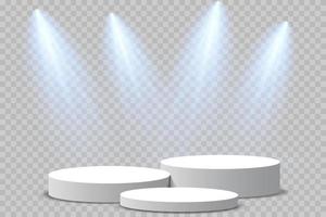 Podium stand isolated. White circle plinth, pillar or display stage. Vector empty prize pedestal with blue projector light beams.