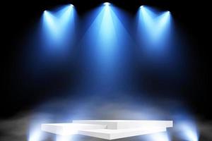 White rectangle plinth, pillar or display stage. Vector empty prize pedestal with blue projector light beams.