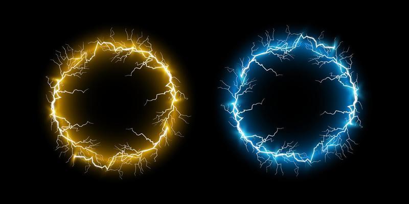 Blue and yellow Ball lightning. Abstract electric lightning strike. Light flash, thunder, spark.