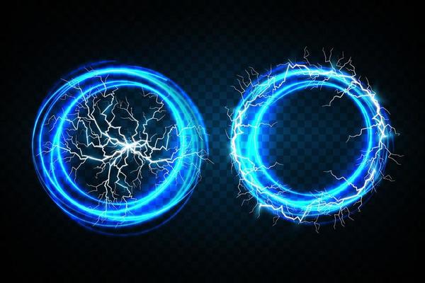 Blue Ball lightning. Abstract electric lightning strike. Light flash, thunder, spark