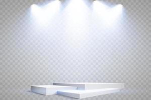 Podium stand isolated on transparent background. White rectangle plinth, pillar or display stage. Vector empty prize pedestal with blue projector light beams.