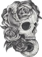 Art surreal skull tattoo. Hand drawing and make graphic vector. vector