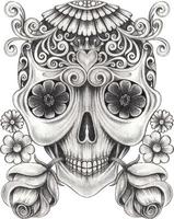 Art fancy skull day of the dead. Hand drawing and make graphic vector. vector