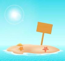 Wooden sign on a sandy island in the ocean, illustration. Island vector illustration.