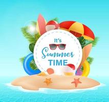 Hello Summer typographic on withe circle background. Tropical plants, beach ball, sunglasses and sea shells. Vector illustration. Hello summer vector illustration.