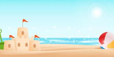 Holiday by the sea with sand castle and ball vector illustration.