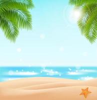 Free beach for your design. Vector landscape with a sky-blue ocean, golden sands and palm leaves.