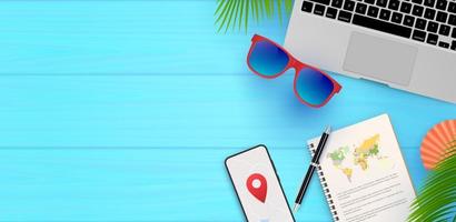 Travel background for text vector illustration Travel time. Summer vacation. Vector concept banners in realistic. Travel symbols, objects and accessories, sunglasses, map and equipment.