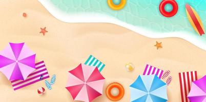 Aerial view of summer beach in flat design style. Slippers and towel, starfish and summertime, relaxation summer tourism, vector illustration