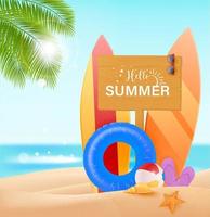 Hello summer vector design concept. Wooden sign board with hello summer text and beach elements like colorful surf board in sea shore background. Vector illustration