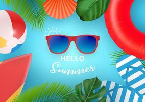 Hello Summer web banner. Top view on summer composition with realistic objects and tropical fruit on wooden texture. Vector illustration. Concept of seasonal recreation in tropical countries