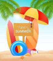 Hello summer vector design concept. Wooden sign board with hello summer text and beach elements like colorful surf board in sea shore background. Vector illustration